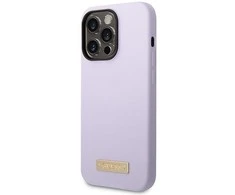 Guess telefono dėklas iPhone 14 Pro 6,1 GUHMP14LSBPLU violetinė hard telefono dėklas Liquid Silikoninis Logo MagSafe