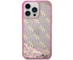 Apple iPhone 14 Pro Max Guess dėklas Liquid Glitter 4G Transculent (GUHCP14XLC4PSGP) rožinės spalvos