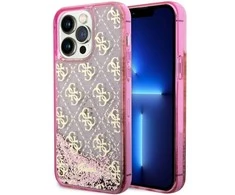 Apple iPhone 14 Pro Max Guess dėklas Liquid Glitter 4G Transculent (GUHCP14XLC4PSGP) rožinės spalvos