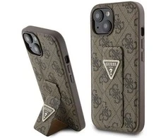 Guess GUHCP15SPGS4TDW Apple iPhone 15 / 14 / 13 6.1″ rudos spalvos kietas dėklas Grip Stand 4G Triangle Strass