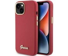 Guess GUHCP15SSMBSLM Apple iPhone 15 / 14 / 13 6.1″ magenta kietas dėklas Silicone Script Metal Logo &amp; Frame