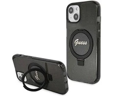 Apple iPhone 15 Plus Guess dėklas Ring Stand Script Glitter MagSafe (GUHMP15MHRSGSK) juodos spalvos