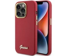 Apple iPhone 15 Pro Guess dėklas Silicone Script Metal Logo &amp; Frame (GUHCP15LSMBSLM) raudonos spalvos