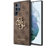 Guess PU 4G Metal Logo dėklas skirtas Samsung Galaxy S23 Ultra rudos spalvos