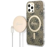 Guess Rinkinys GUBPP12MH4EACSW Dėklas+ Įkroviklis Apple iPhone 12/12 Pro rudos spalvos kietas dėklas 4G Print MagSafe