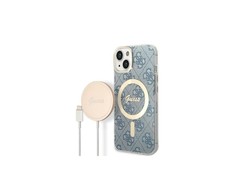 Apple iPhone 14 Guess dėklas 4G Print MagSafe + Belaidis Įkroviklis (GUBPP14XHJEACSA) mėlynos spalvos