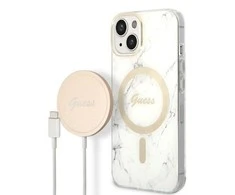 Guess Rinkinys GUBPP14MHMEACSH Dėklas+Įkroviklis Apple iPhone 14 Plus / 15 Plus 6.7″ baltos spalvos kietas dėklas Marble