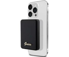 „Guess“ indukcinė išorinė baterija 15 W GUPBM5ALGSGK 5000 mAh juodos spalvos „MagSafe Metal Script Logo“