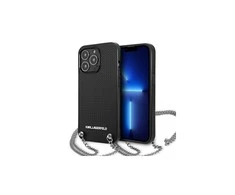 Apple iPhone 13 Pro Max Karl Lagerfeld dėklas odinis Textured And Chain (KLHCP13XPMK) juodos spalvos
