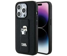 Apple iPhone 14 Pro Karl Lagerfeld dėklas Gripstand Saffiano Karl&amp;Choupette Pins (KLHCP14LGSAKCPK) juodos spalvos