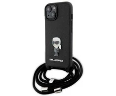Apple iPhone 15 Karl Lagerfeld dėklas Crossbody Saffiano Monogram Metal Pin Karl &amp; Choupette (KLHCP15SSASKNPSK) juodos spalvos