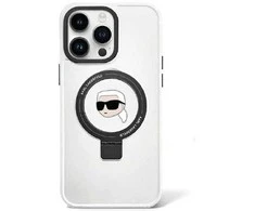 Apple iPhone 15 Karl Lagerfeld dėklas Ring Stand Karl Head MagSafe (KLHMP15SHMRSKHH) baltos spalvos