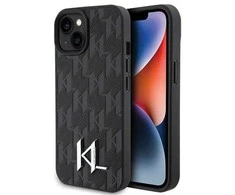 Apple iPhone 15 Karl Lagerfeld dėklas odinis Monogram Hot Stamp Metal Logo (KLHCP15SPKLPKLK) juodos spalvos