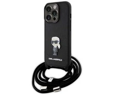 Apple iPhone 15 Pro Karl Lagerfeld dėklas Crossbody Saffiano Monogram Metal Pin Karl &amp; Choupette (KLHCP15LSASKNPSK) juodos spalvos