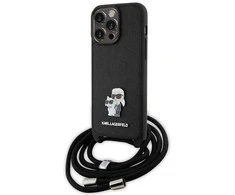 Apple iPhone 15 Pro Max Karl Lagerfeld dėklas Crossbody Saffiano Metal Pin Karl &amp; Choupette (KLHCP15XSAKCPSK) juodos spalvos