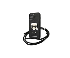Apple iPhone 13 Pro Karl Lagerfeld odinis dėklas Monogram Patch And Cord Iconik (KLHCP13LCMNIPK) juodos spalvos