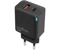 Maxlife MXTC-09-30AC GaN PD QC įkroviklis 1x USB-C 1x USB 30W juodas