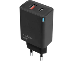 Maxlife MXTC-09-45AC GaN PD QC įkroviklis 1x USB-C 1x USB 45W juodas