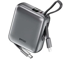 Telforceone BWOO power bank P74 22.5W 10000 mAh with 2 built-in cables 1 x USB-C 1 x Lightning juodas