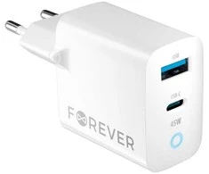 TelForceone Forever TC-06-45AC GaN PD QC įkroviklis 1x USB-C 1x USB 45W baltas