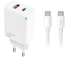Telforceone Maxlife MXTC-09-45AC PD QC charger 1x USB-C 1x USB 45W baltas + USB-C - USB-C cable 2.0m 60W