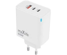 Telforceone Maxlife MXTC-09-65ACC GaN PD QC charger 2x USB-C 1x USB 65W baltas