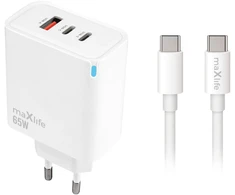 Telforceone Maxlife MXTC-09-65ACC PD QC charger 2x USB-C 1x USB 65W baltas + USB-C - USB-C cable 2.0m 100W