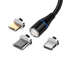Maxlife MXUC-03 magnetinis laidas USB – Lightning + USB-C + microUSB 1,0 m 3A juodas nailoninis