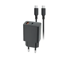 Setty USB-A + USB-C PD/QC 30W sieninis įkroviklis juodas + USB-C laidas 1m RLSK-AC-01 juodas