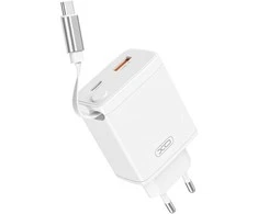 XO laidinis įkroviklis CE31 1x USB 1x USB-C 30W baltos spalvos su retractable USB-C kabeliu