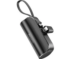 YESIDO POWERBANK YP68 5000 mAh 12W + USB-C laidas, „Lightning“ jungtis, juoda