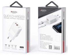 YESIDO WALL CHARGER YC32 PD 20W QC3.0 USB-A+C Baltas