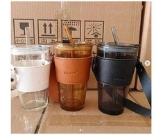 Eu Sandelis Stiklinis puodelis kavos arbatai su šiaudeliu ir dirželiu 450 ML CUP09B