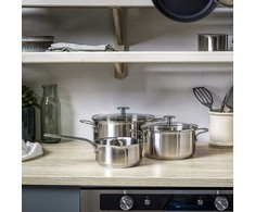 KitchenAid - Nerūdijančio plieno keptuvių rinkinys (3 vnt.): puodas su dangčiu + atviras puodas - sidabrinės spalvos - 16-24 cm