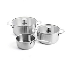 KitchenAid - Nerūdijančio plieno keptuvių rinkinys (3 vnt.): puodas su dangčiu + atviras puodas - sidabrinės spalvos - 16-24 cm