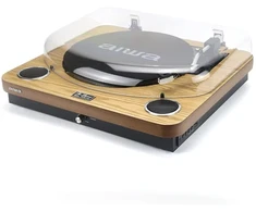 Aiwa LPS-25WD vinyylisoitin sisäänrakennetuilla kaiuttimilla, puinen