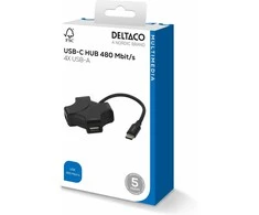 USB-C šakotuvas DELTACO, 4x USB-A 480 Mbps, juodas / USBC-HUB205 / 1902570