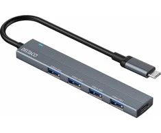 USB-C šakotuvas DELTACO, 5 Gbps, 4x USB-A lizdas, aliuminis, pilkas / USBC-HUB206 / 1903173