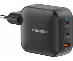 FoneKit GaN PD 100W -verkkovirtalaturi, USB-C + USB-C + USB-A, musta