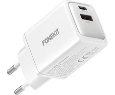 FoneKit GaN PD 48W -verkkovirtalaturi, USB-C + USB-A, valkoinen