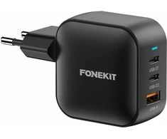 FoneKit GaN PD 70W -verkkovirtalaturi, USB-C + USB-C + USB-A, musta