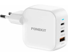 FoneKit GaN PD 70W -verkkovirtalaturi, USB-C + USB-C + USB-A, valkoinen