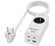Fuj:tech 5-osainen 67W GaN jatkojohto 4 USB-portilla, 2 m, valkoinen