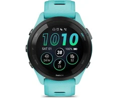 Išmanusis laikrodis Garmin Forerunner 265. Juodas apvadas su žalsvai mėlynos spalvos korpusu ir žalsvai mėlynos ir juodos spalvos silikoniniu dirželiu