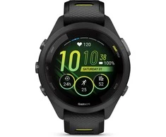 Išmanusis laikrodis Garmin Forerunner 265S. Juodas apvadas ir korpusas su juodos bei „Amp Geltona“ (geltonos) spalvos silikoniniu dirželiu