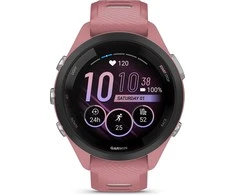 Išmanusis laikrodis Garmin Forerunner 265S. Juodas apvadas su šviesiai rausvu korpusu ir šviesiai rausvos ir pilkšvos spalvos silikoniniu dirželiu