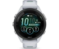 Išmanusis laikrodis Garmin Forerunner 265S. Juodas apvadas su baltojo akmens spalvos korpusu ir baltojo akmens bei žalsvos spalvos silikoniniu dirželiu