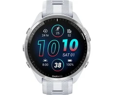 Išmanusis laikrodis Garmin Forerunner 965, Titano apvadas su „Whitestone“ (baltojo akmens) spalvos korpusu ir „Whitestone“ (baltojo akmens) ir „Powder Grey“ (pilkšvos) spalvos silikoniniu dirželiu