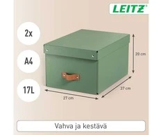 Leitz Puro laikymo dėžė su dangčiu, vidutinė, 17 l, 2 vnt. pakuotėje. Žalias kartonas, 17 l, 270 mm, 370 mm, 200 mm.
