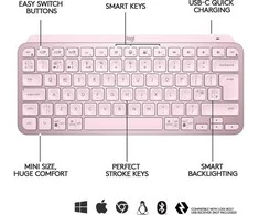 Minimalistinė Belaidė Klaviatūra su apašvietimu Logitech MX Keys Mini, Rožinės spalvos, Šiaurės šalių (Qwerty) išdėstymas